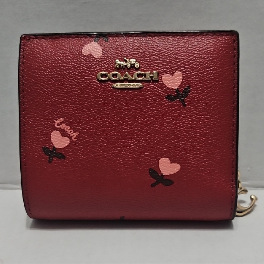 Coach Burgundy Wallet with Pink Heart Flowers